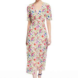 SALONI - Eden Front-Slit Silk Fawn Poppies Floral Midi Dress